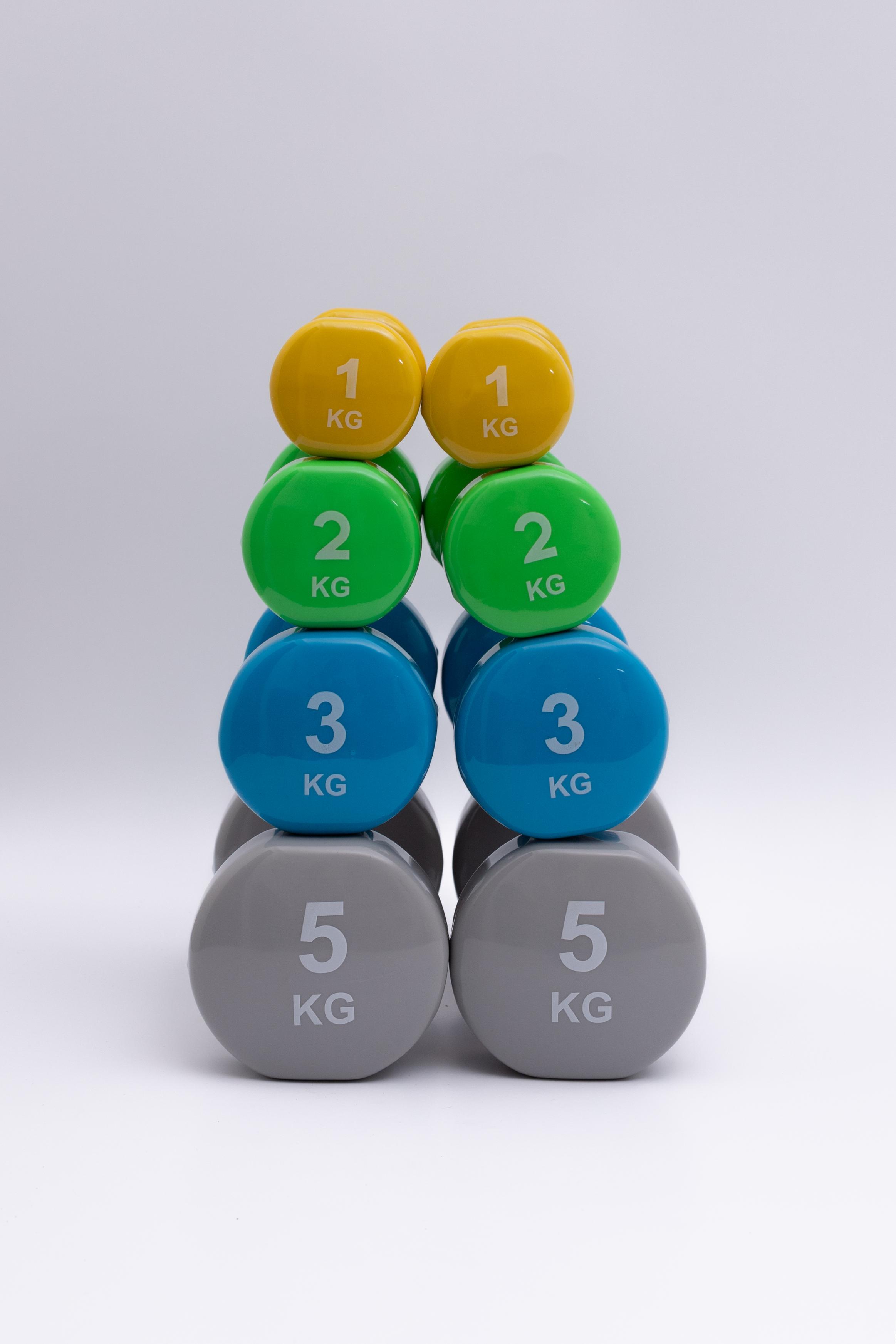 SET DE MANCUERNAS DE NEOPRENO - INCLUYE UN PAR DE 1KG, 2KG, 3 KG, 4 KG, Y 5 KG