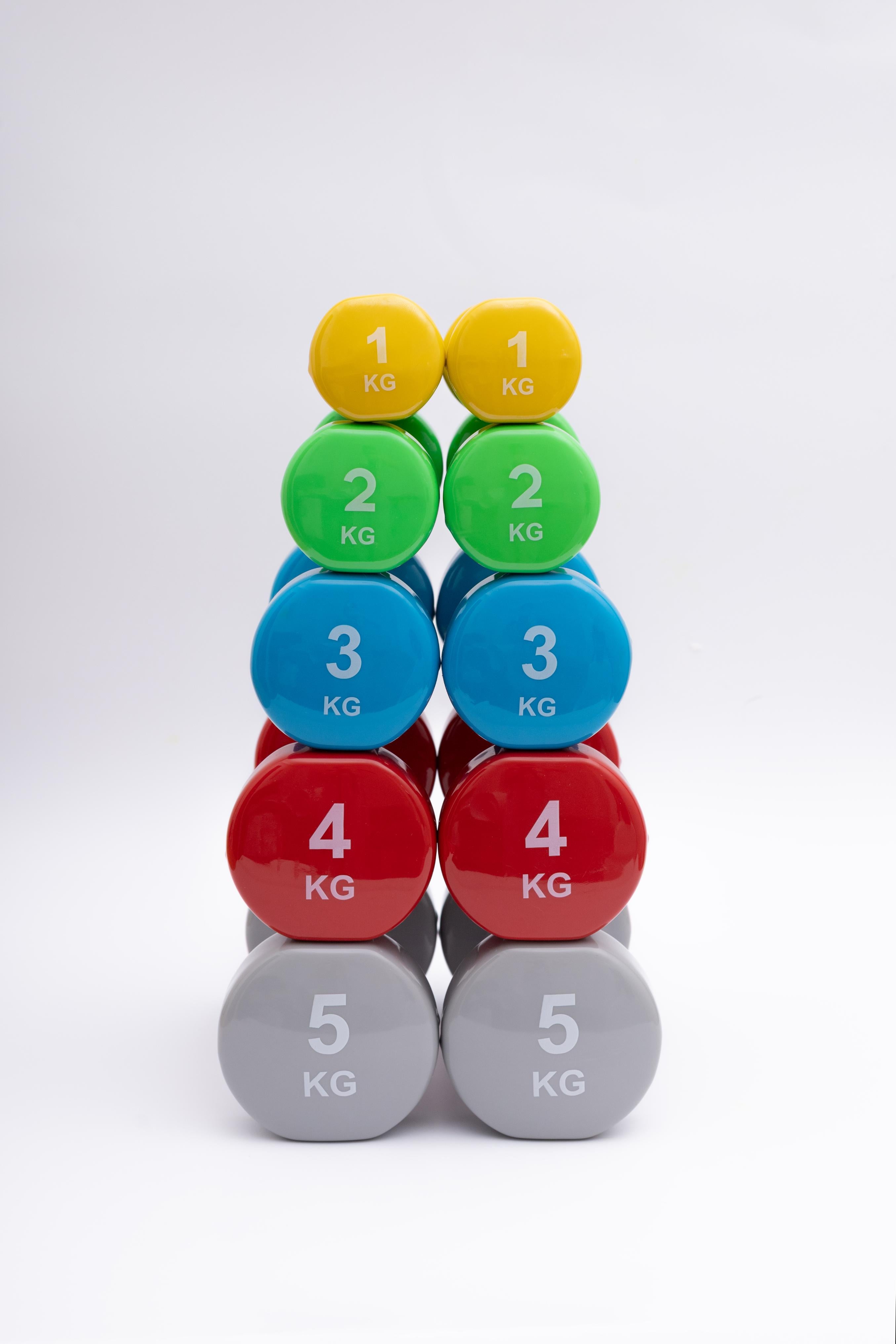 SET DE MANCUERNAS DE NEOPRENO - INCLUYE UN PAR DE 1KG, 2KG, 3 KG, 4 KG, Y 5 KG